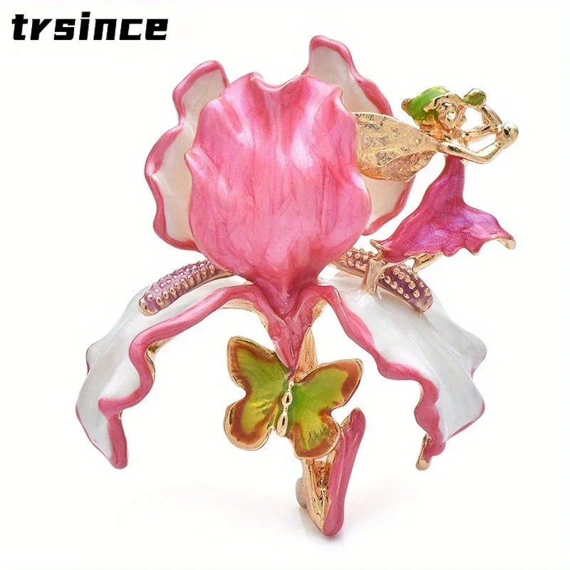 Frauen rosa Luxus Emaille Elf Blume Anzug Brosche Pin Schmuck Zubehör 2025, Winter Modell Designer Metall Abzeichen Geschenke