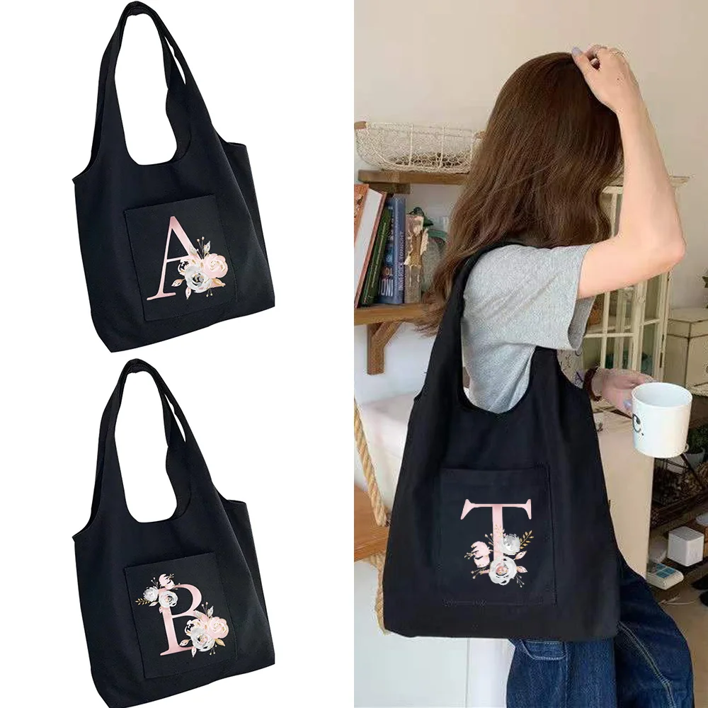 

Ladies Shopping Bag One Shoulder Vest Bag Floral 26 Letter Print Canvas Grocery Commuter Fashion Eco-Friendly Tote Bags