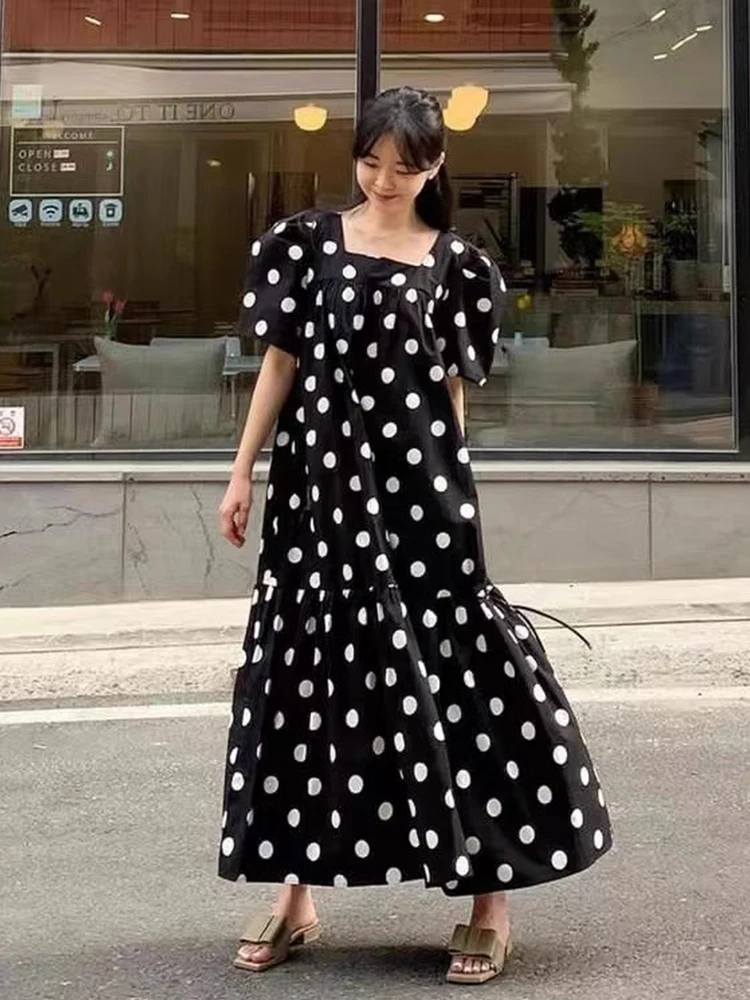 South korea Chic Summer French sle Retro Square Collar Contrast Color Polka Dot Design Loose Casual Puff sleeve Dress Women