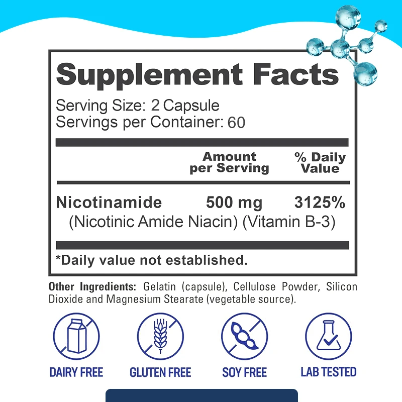 Niacynamid-500mg niacyna-niepłukająca forma witaminy B3-wspomaganie zdrowia stawów, zdrowia skóry i spokojnego snu-kapsułki 120