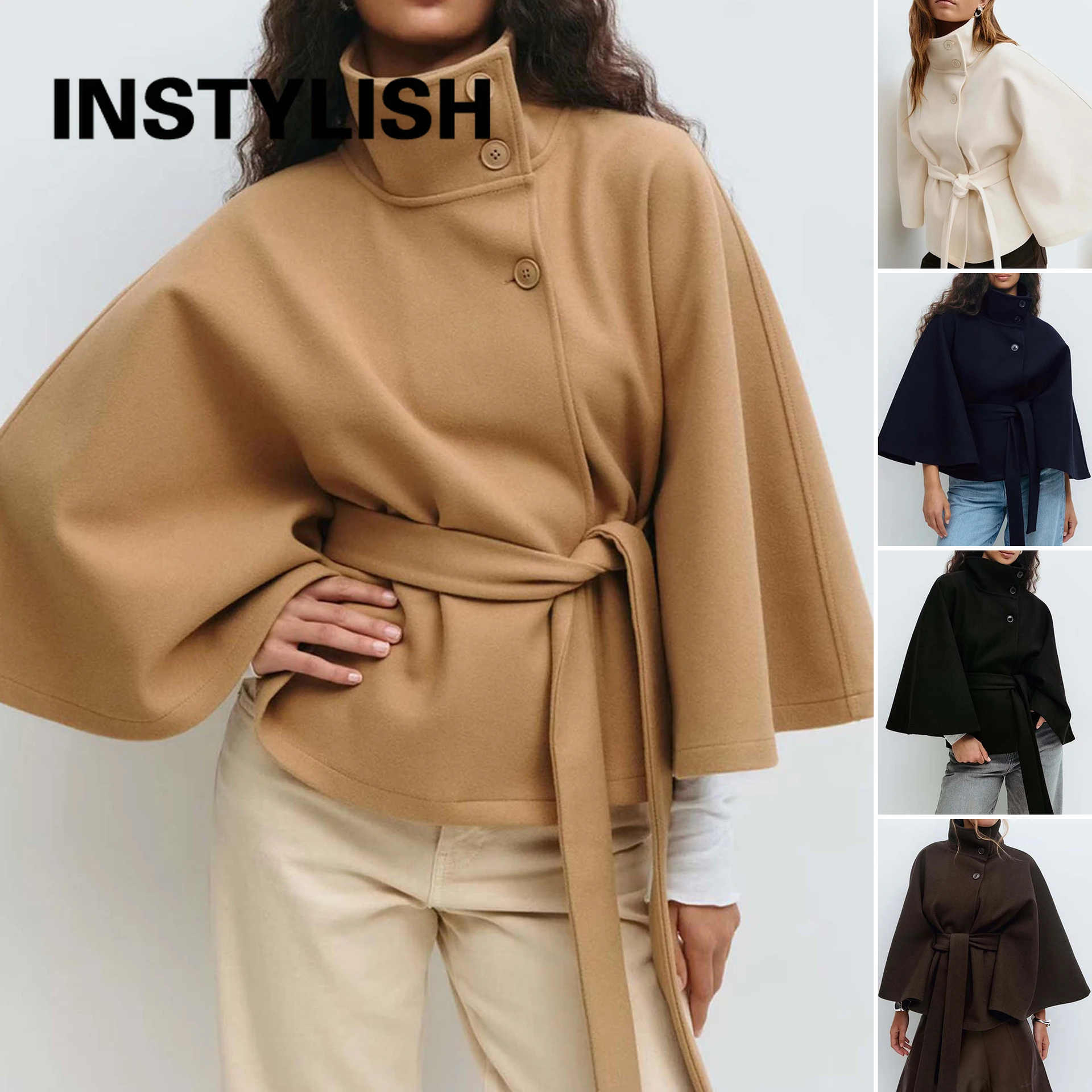 

Women Lace Up High Neck Jackets for Women with Belt Elegant Windbreaker Faux Wool Blends Cape Korean Solid Windbreaker Cloak