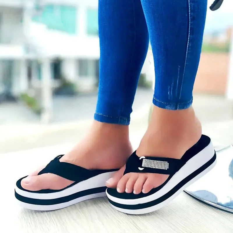 Women Summer Rhinestone Sandals Slippers Female Platform Open Toes Sexy Wedge Flip Flops Buckle Strap Flat Square Heel Slides