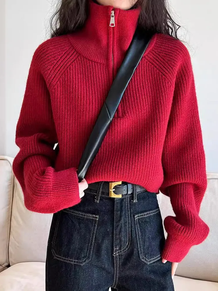 WHTREND Koreanischen Stil High-End-Half-Zip Einfarbig Stehkragen Kurze Gestrickte Pullover frauen Herbst Winter Neue pullover