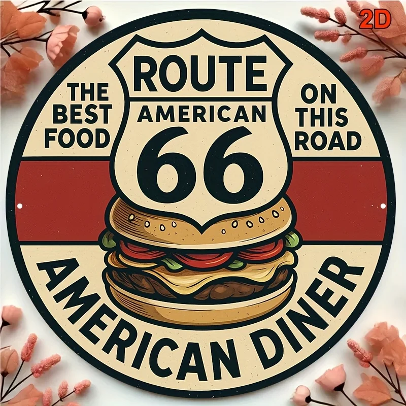 2D Flat - 1pc Vintage Route 66 Hamburger Aluminum Sign - 20.32x20.32 cm Round Retro Wall Art with Classic Burger Design, Durable