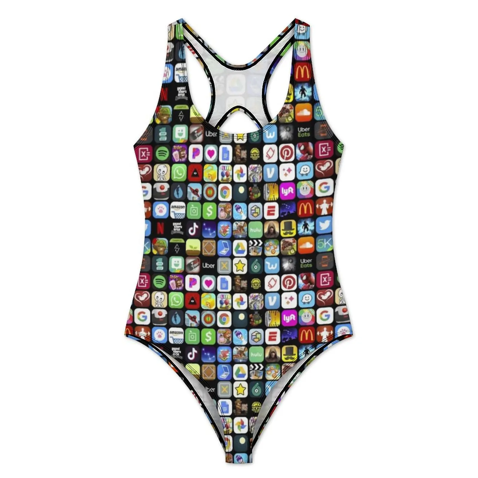 Meme Collage Print Swimsuit Sexy Wall of Apps Female Swimwear One-Piece Retro Bodysuit Fitness Push Up High Cut Beach Wear