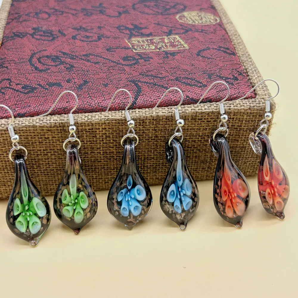 1 Pair of Handmade Murano Glass Multi-Color Water Droplet Pendant Earrings, Traditional Ethnic Style