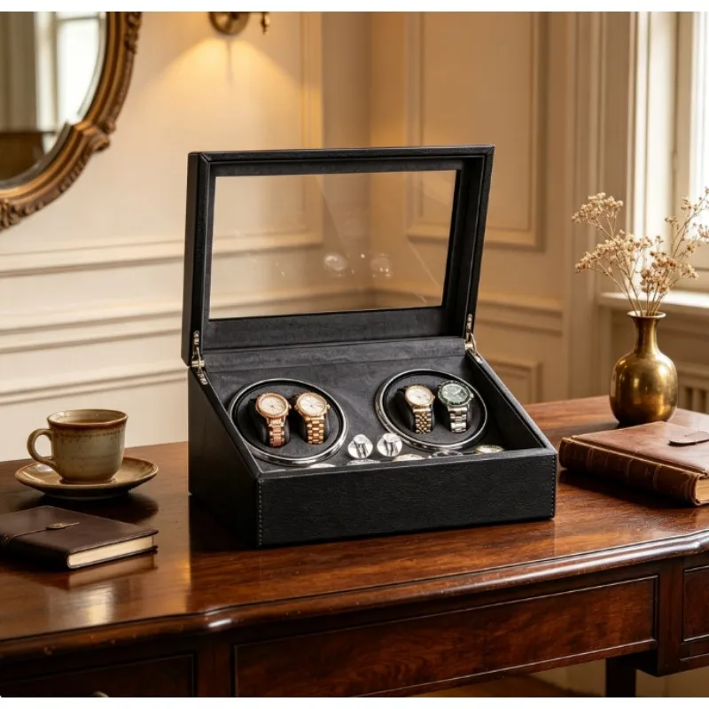 Automatic Watch Winder Portable Leather Storage Box, Silent Rotating Case for Men's Automatic Watches, Travel & Home Use