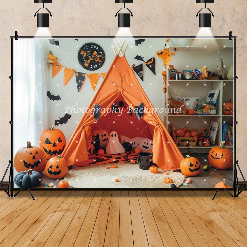 Halloween Backgrounds For Photographs Ghost Pumpkin Lantern Bat Tent Window Indoor Birthday Decoration Backdrop Photocall