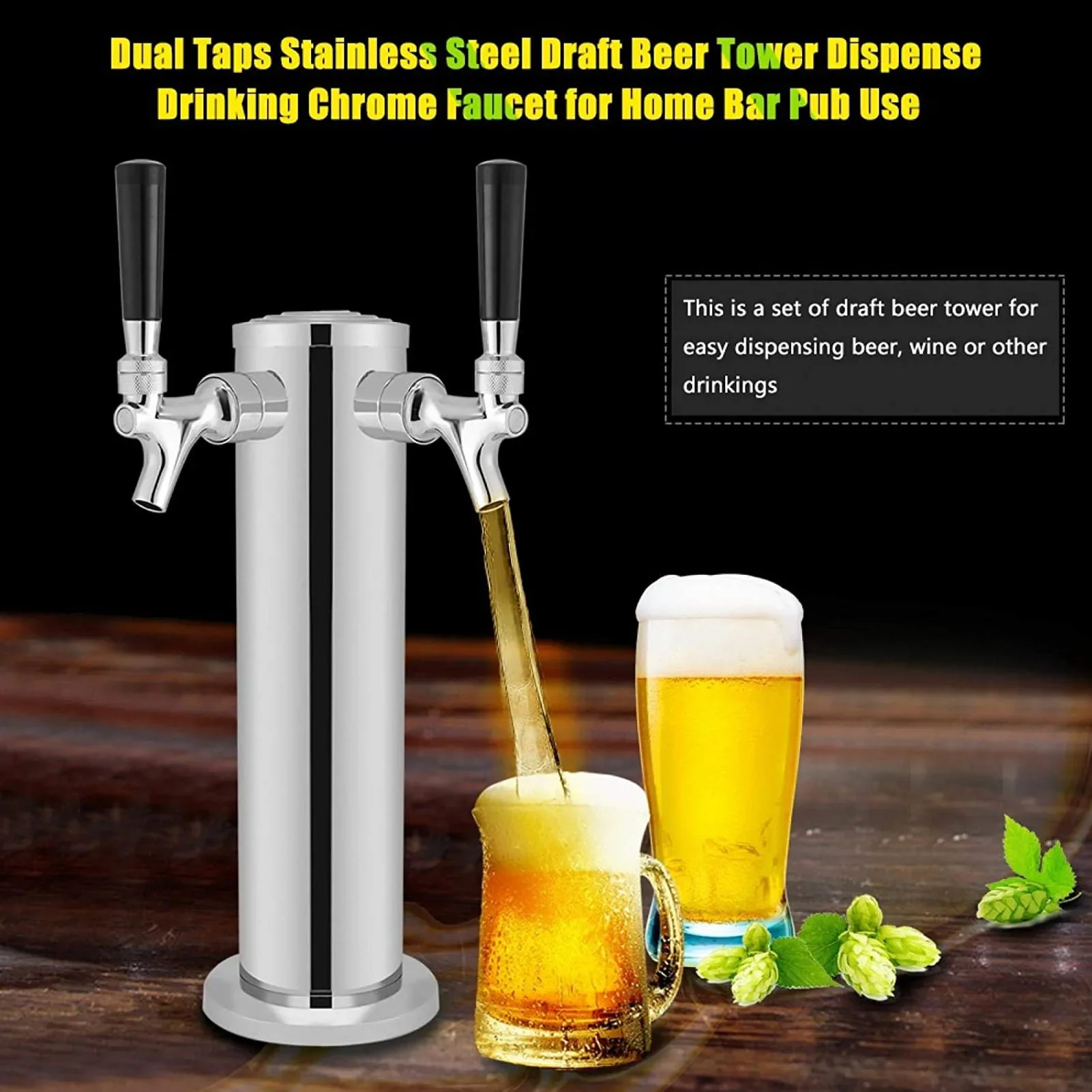 Entwurfsbier-Kegerator-Turm aus Edelstahl mit doppeltem Wasserhahn, ideal für die Hausbar und Bierbrauerfässer