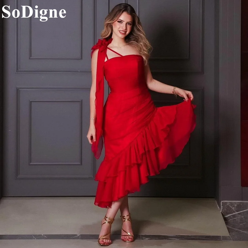 

SoDigne Red Tea Length Evening Dresses One Shoulder Bow Tiered Ruched Ruffles Party Dress 2024 Elegant Prom Gowns for Women