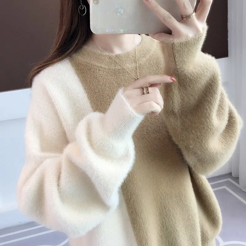 Autumn And Winter Color Blocked For Women 2024 Thick Outerwear Korean Edition Lazy Style White Base Mink Veet Knitted Sweater