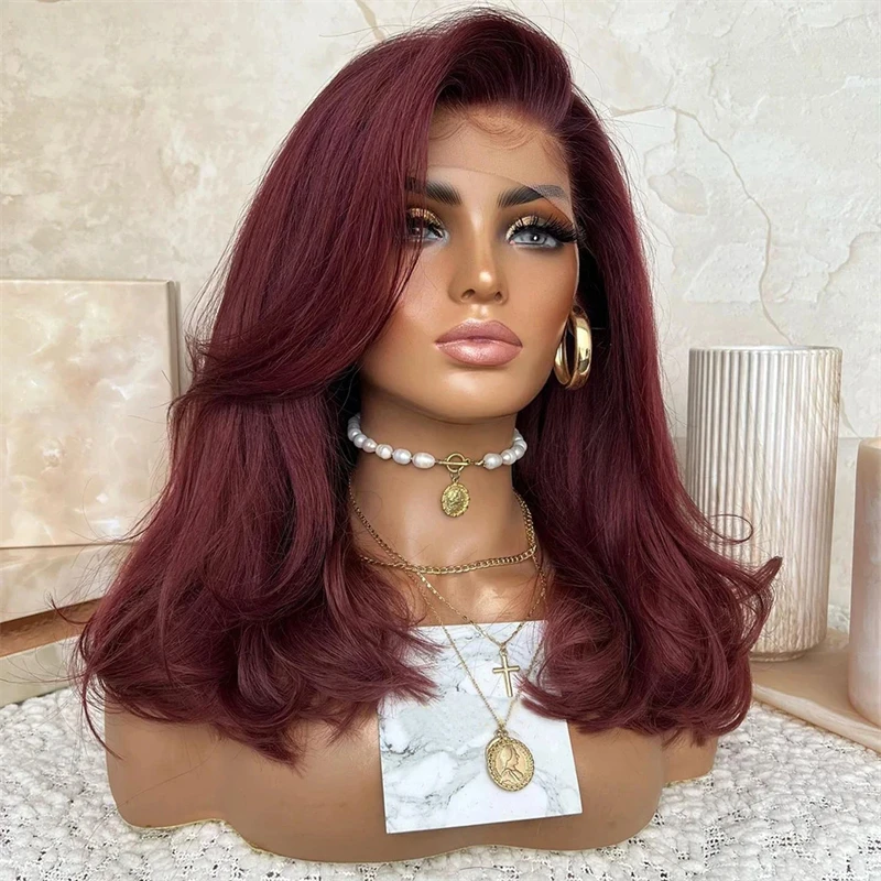 Peluca de pelo liso rojo vino, pelucas frontales de encaje para mujer, pelucas frontales de encaje sintético, peluca prearrancada con pelo de bebé, Cosplay