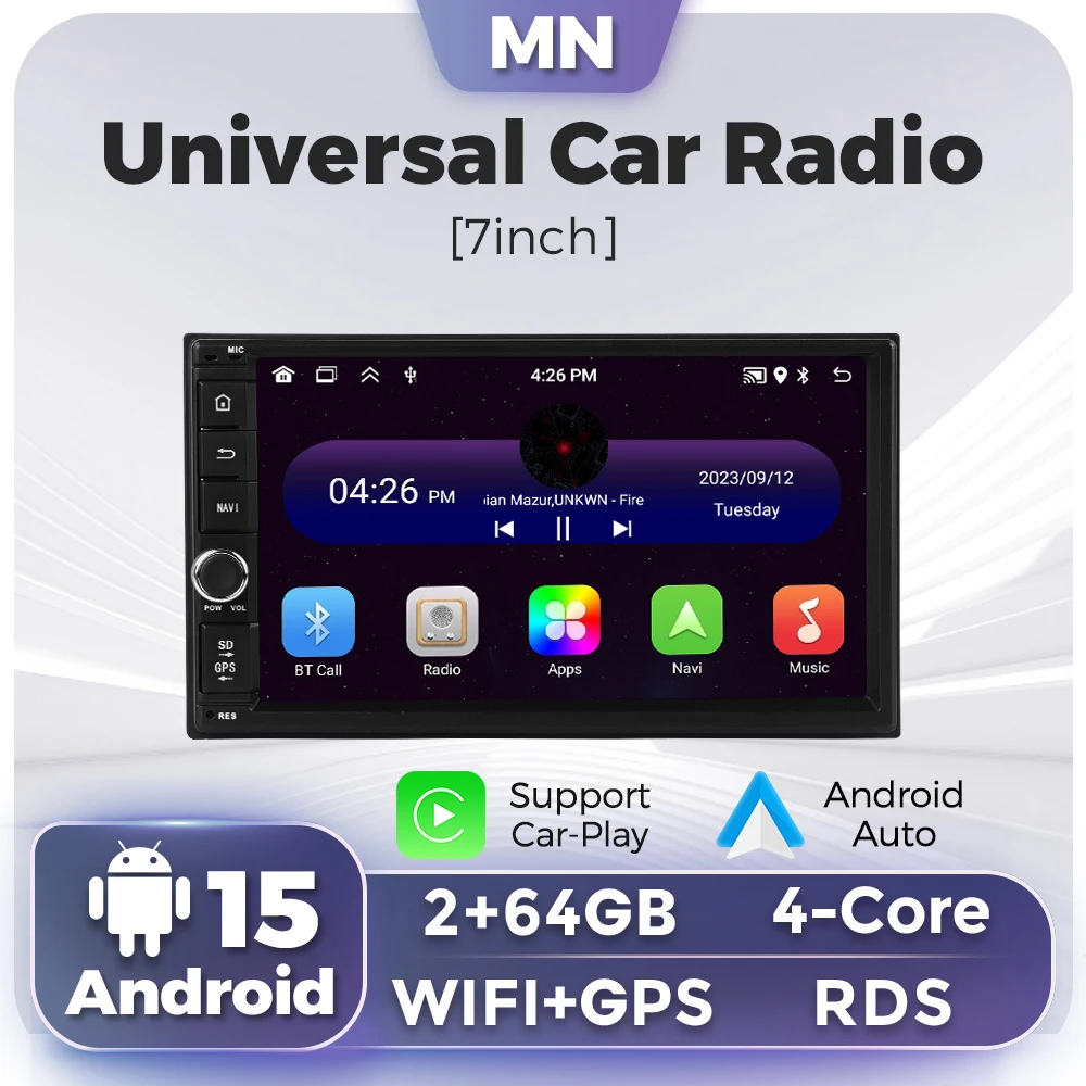 

7-дюймовый универсальный экран 2+64 ГБ Android 15 с Carplay, 2DIN автомагнитола, мультимедийная стереосистема с Bluetooth и GPS для Toyota, Nissan, Hyundai, KIA, Volkswagen