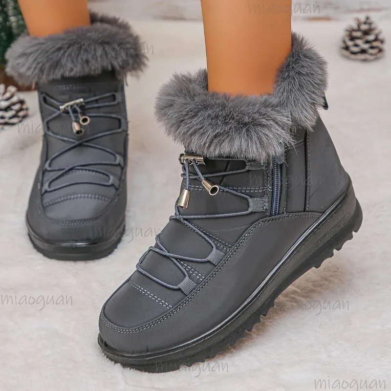 2025 Botas de nieve para Mujer, Botas cortas cálidas de Invierno, Zapatos de algodón de felpa con cremallera lateral para Mujer, Botas cómodas de piel para Invierno para Mujer