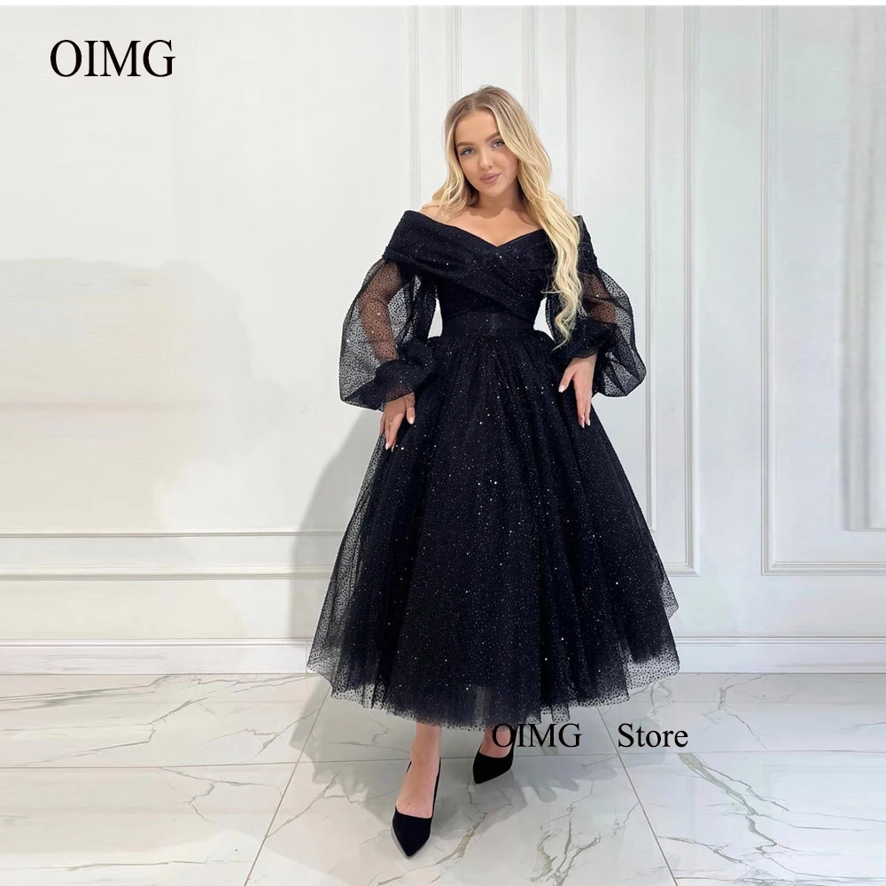 

OIMG Sparkly Black Tulle Prom Dresses Puff Long Sleeves Off Shoulder Tea Length Bride Party Gowns Princess Evening Formal Dress