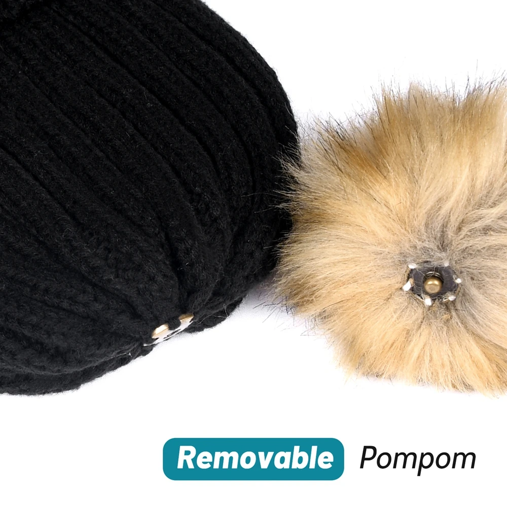 FURTALK السيدات محبوك قبعة صوف مع طبقة مزدوجة الصوف بطانة الكرة زخرفة الشتاء قبعة تزلج للجنسين الدافئة دافئ متماسكة قبعة للنساء #6