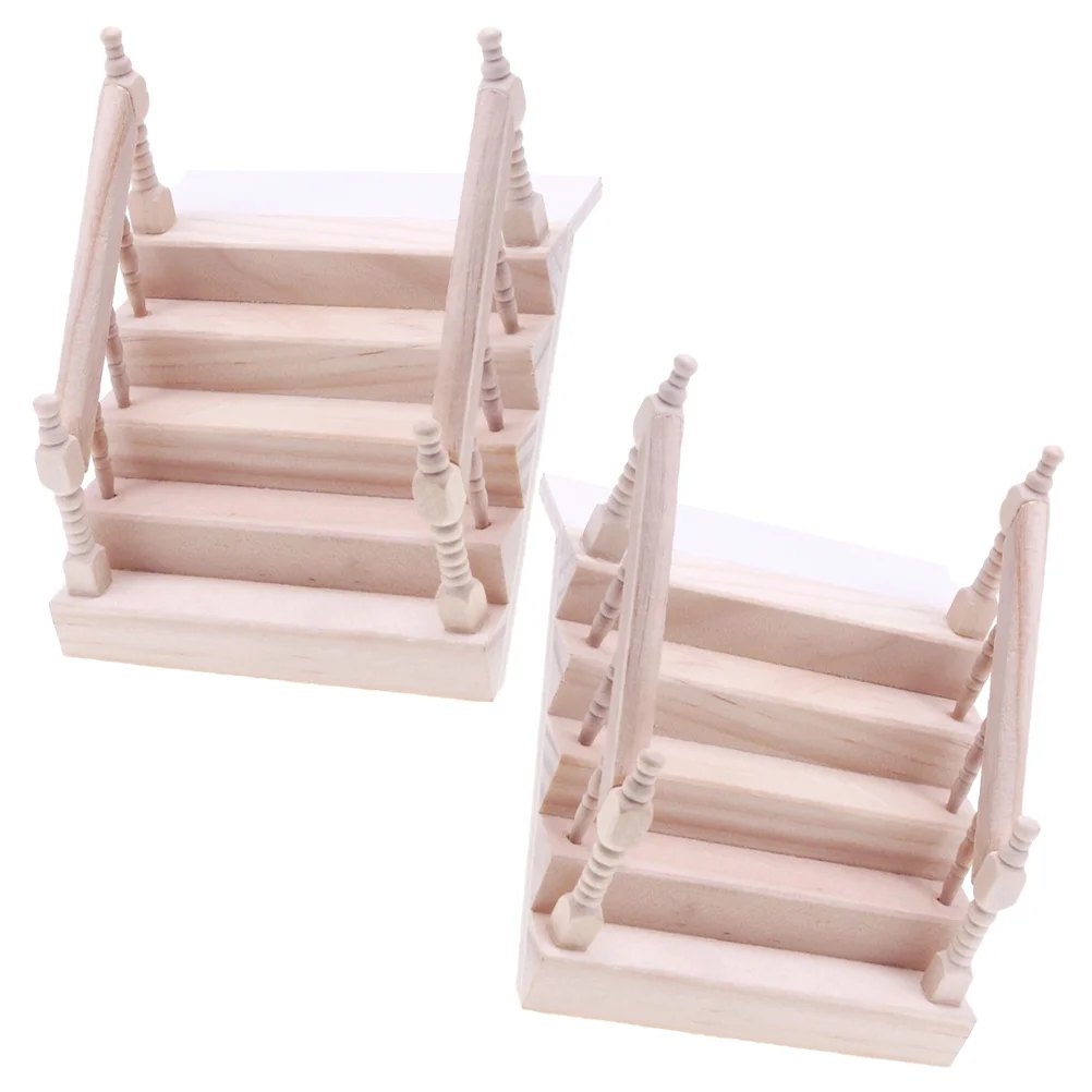 2 Pcs Props Solid Wood Carved Mini House Decoration Double Handrail Staircase Model 2pcs Models Wooden