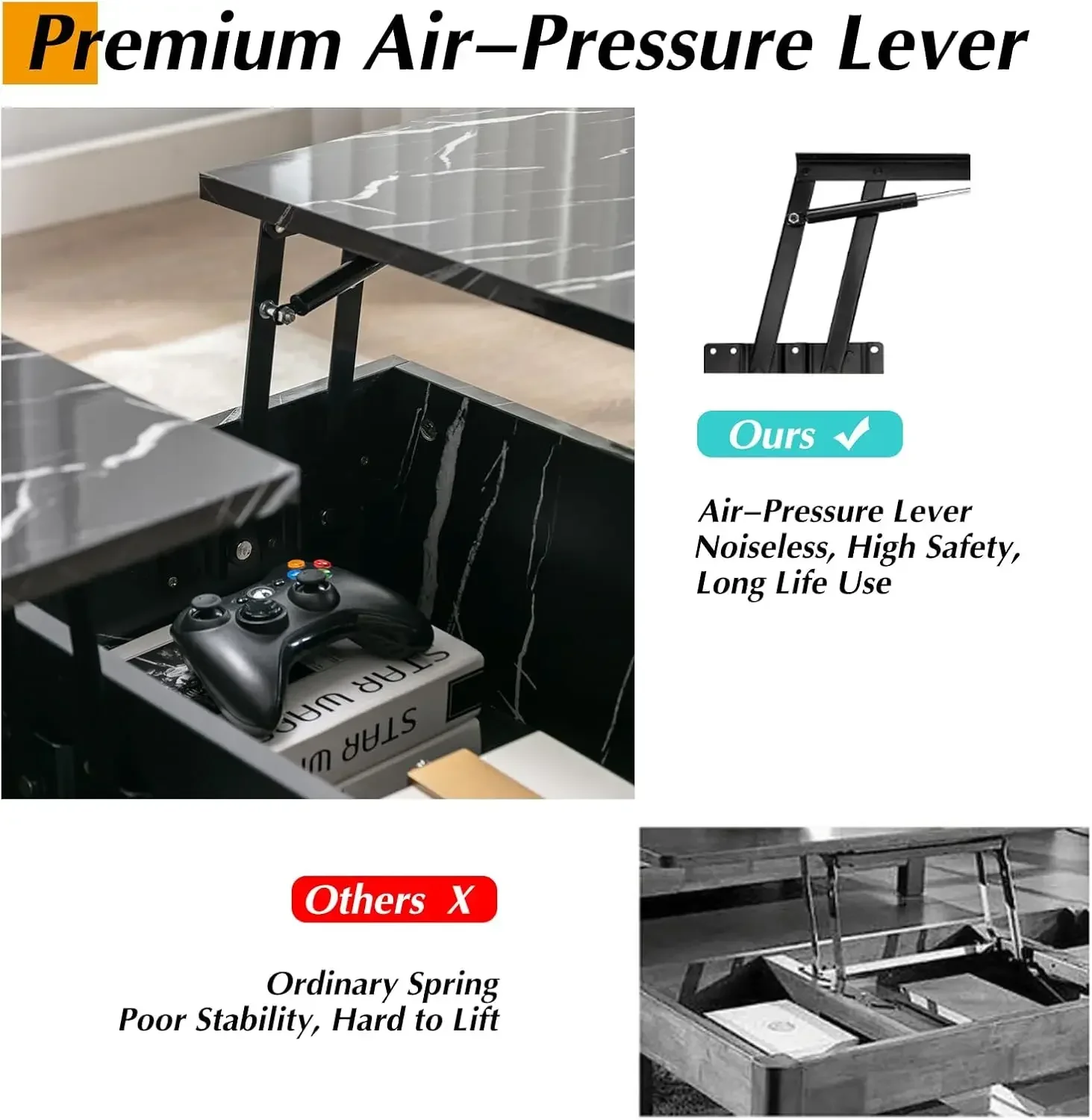 43" Lift Top Marble Coffee Table for Living Room, Modern Extendable Pull Up Center Table with Storage, Black