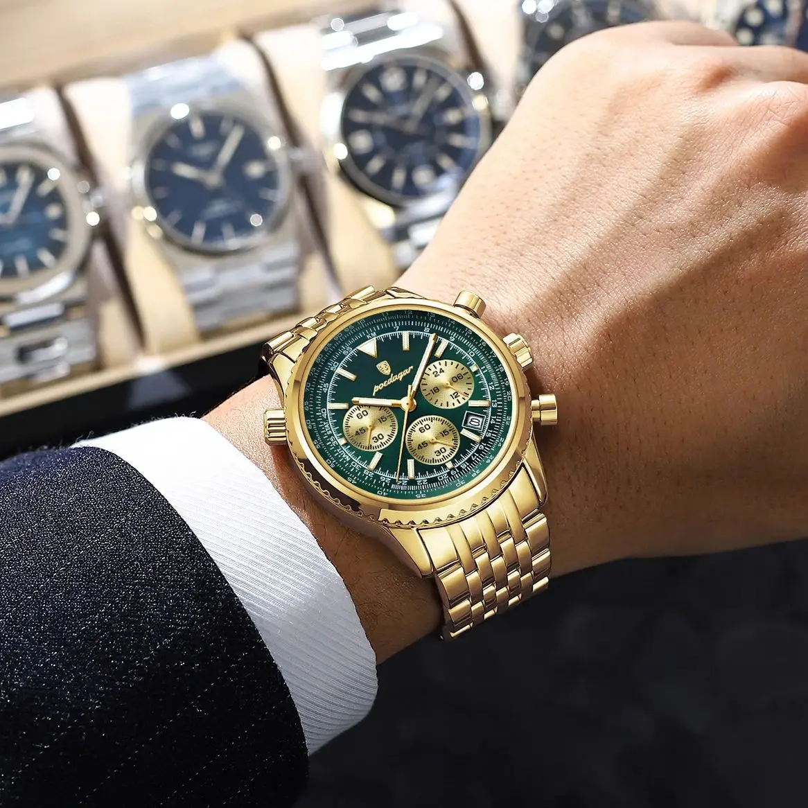 POEDAGAR Luksusowe Męskie Zegarki Wodoodporny Świecący Chronograf Data Zegarek Męski Stal Nierdzewna Wojskowy Kwarcowy Zegarek na Rękę