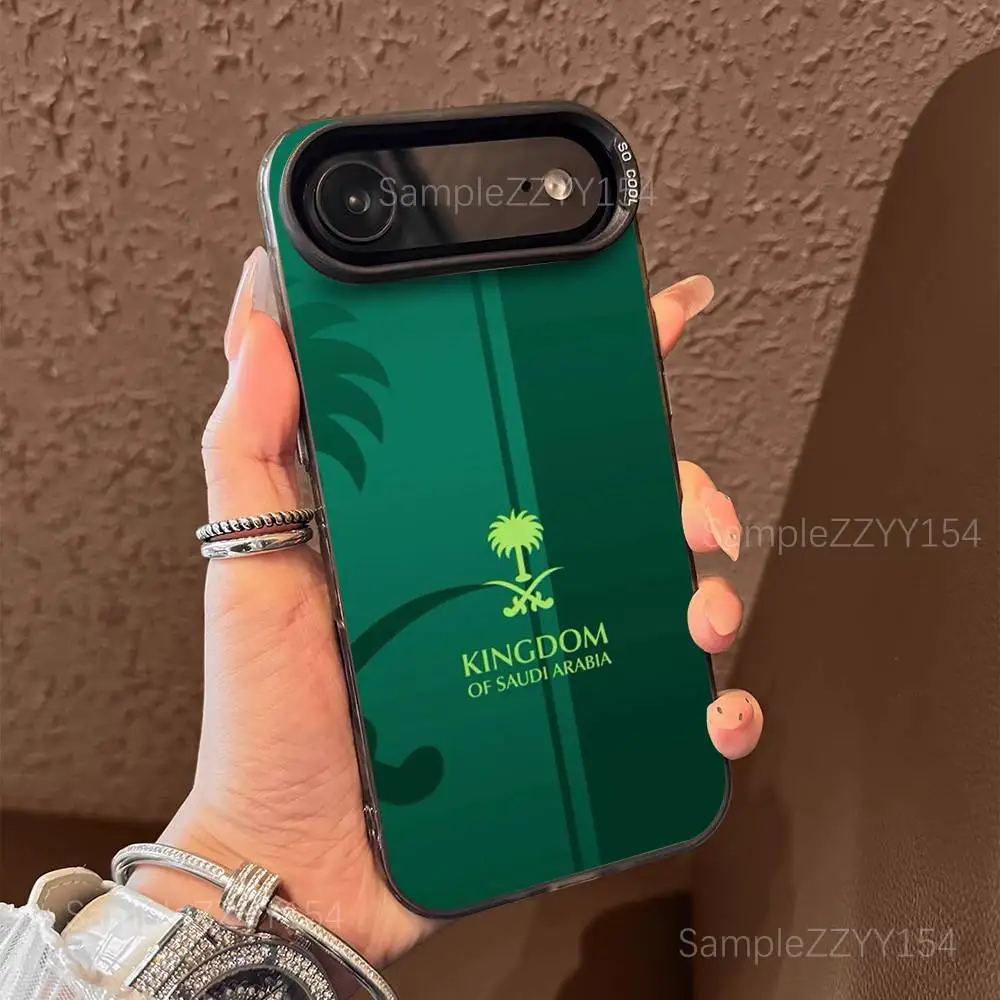 حافظة هاتف بعلم المملكة العربية السعودية لهاتف آيفون 17,16,15,14,13,12,X,8,Pro,Max,Plus,E,SE4,Air,Mini Black IMD Matte #6