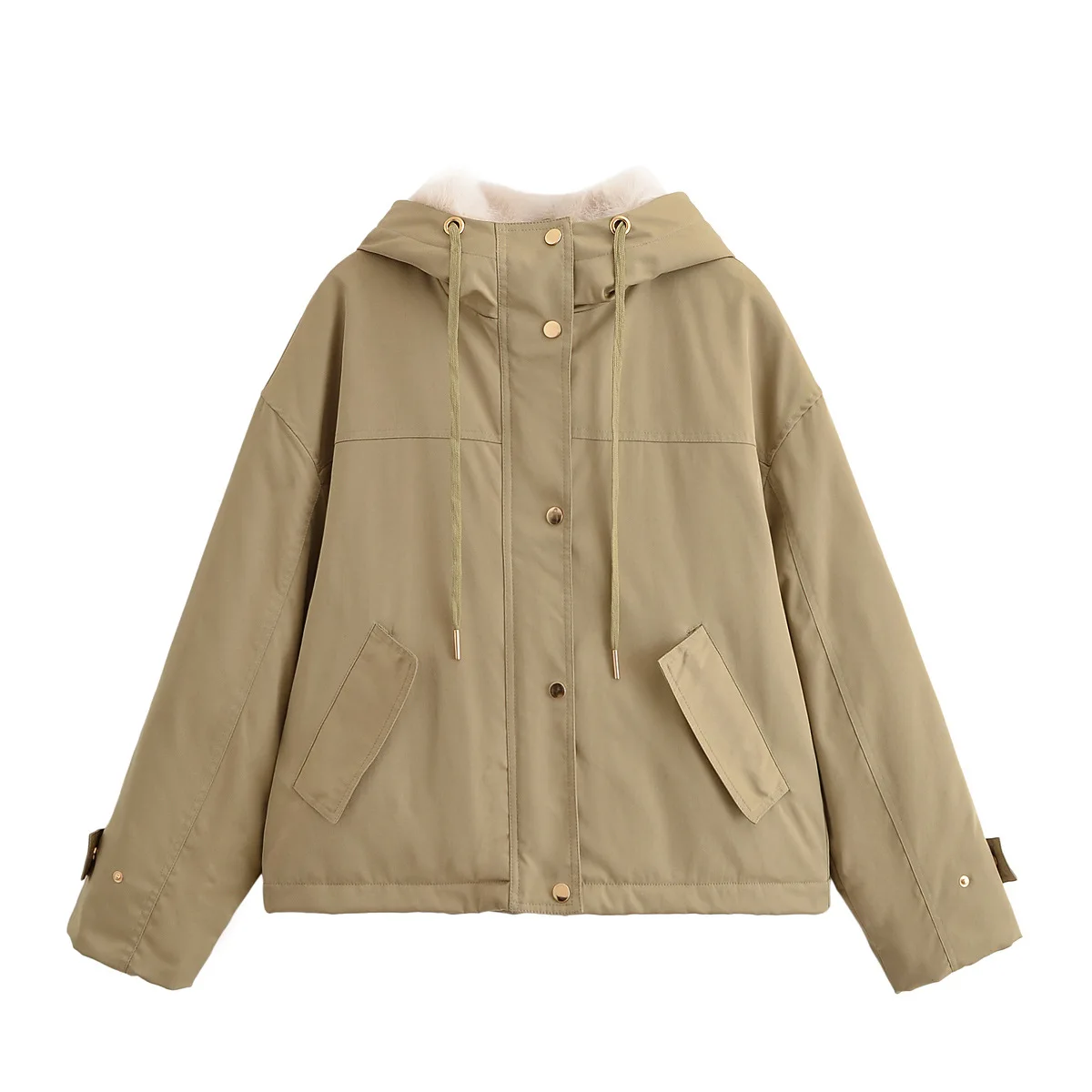 

Woman's Hooded Loose Jacket Drawstring Button Zipper Pocket Long Sleeves Solid Color Minimalist Overcoat Commuting New Chic Top