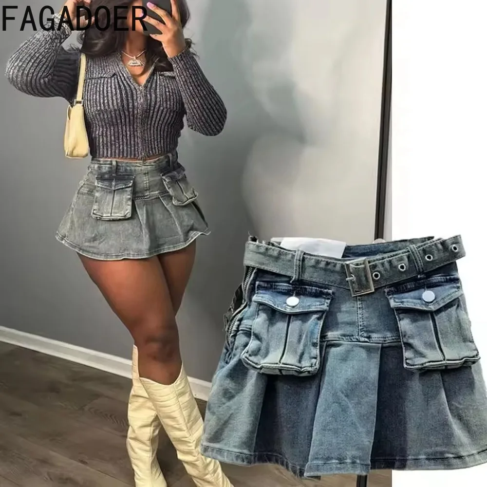 

FAGADOER Women Retro Denim Pleated Skirt Fashion High Waist Denim Cargo Pockets Mini Skirts A-line Hot Girl Baddie Bottoms Y2K