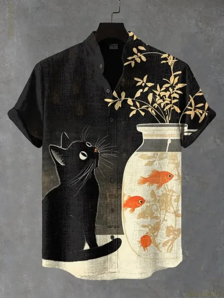 2026 New Cat Printed Men's Ink Ancient Style Printed Short Sleeve Shirt Retro Trendy Loose Casual Shirt Comfortable Men's Wear