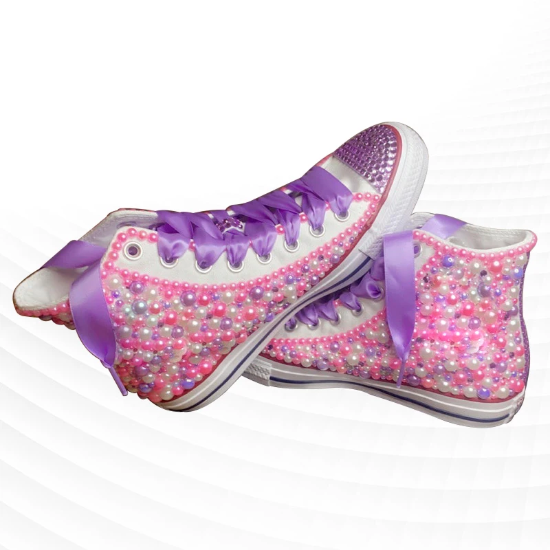 Multicolor high-top rhinestone canvas shoes sports walking comfort shoes handmade rhinestone ribbon vulcanized shoes 35-46