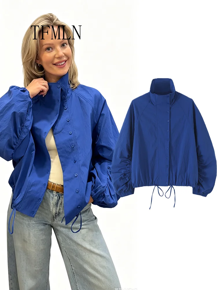 TFMLN Vintage Blue Single Breasted Jackets For Women 2026 Autumn New Chic Causal Folds Sleeve Stand Collar Coats High Street Top