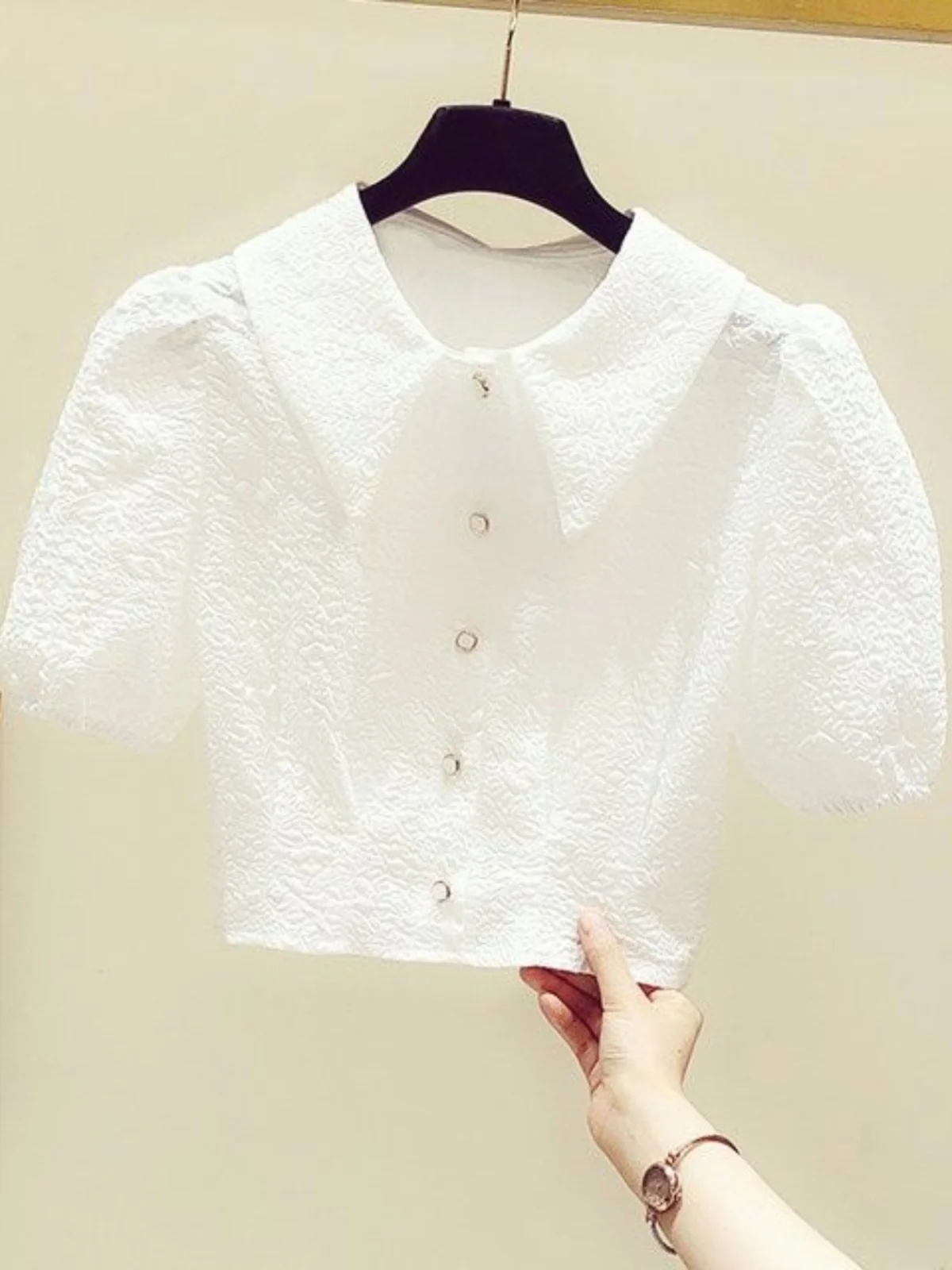 夏の新作おしゃれショートバブルスリーブスタンドカラーウエストシェイプハイウエスト半袖シフォントップスレディースファッション