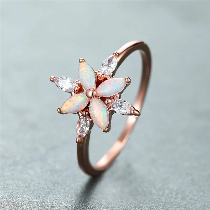 Cute Female White Fire Opal Stone Ring Charm Rose Gold Color Flower Wedding Jewelry For Women