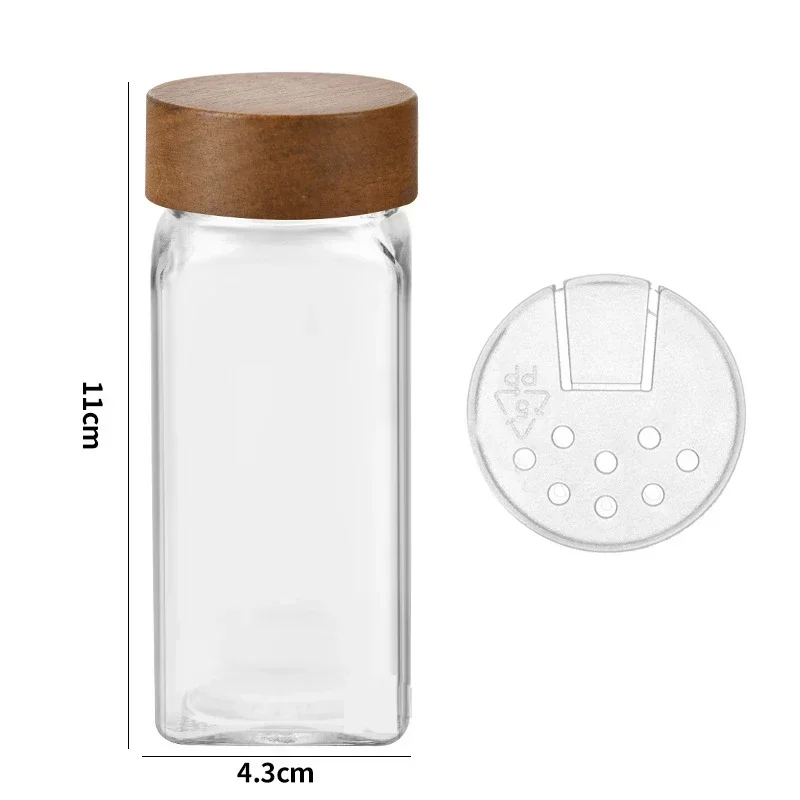 3-12pcs Wood Cover Glass Spice Jars Square Transparent Seasoning Storage Bottles Kitchen Salt Spices Ground Pepper Sealing Tools