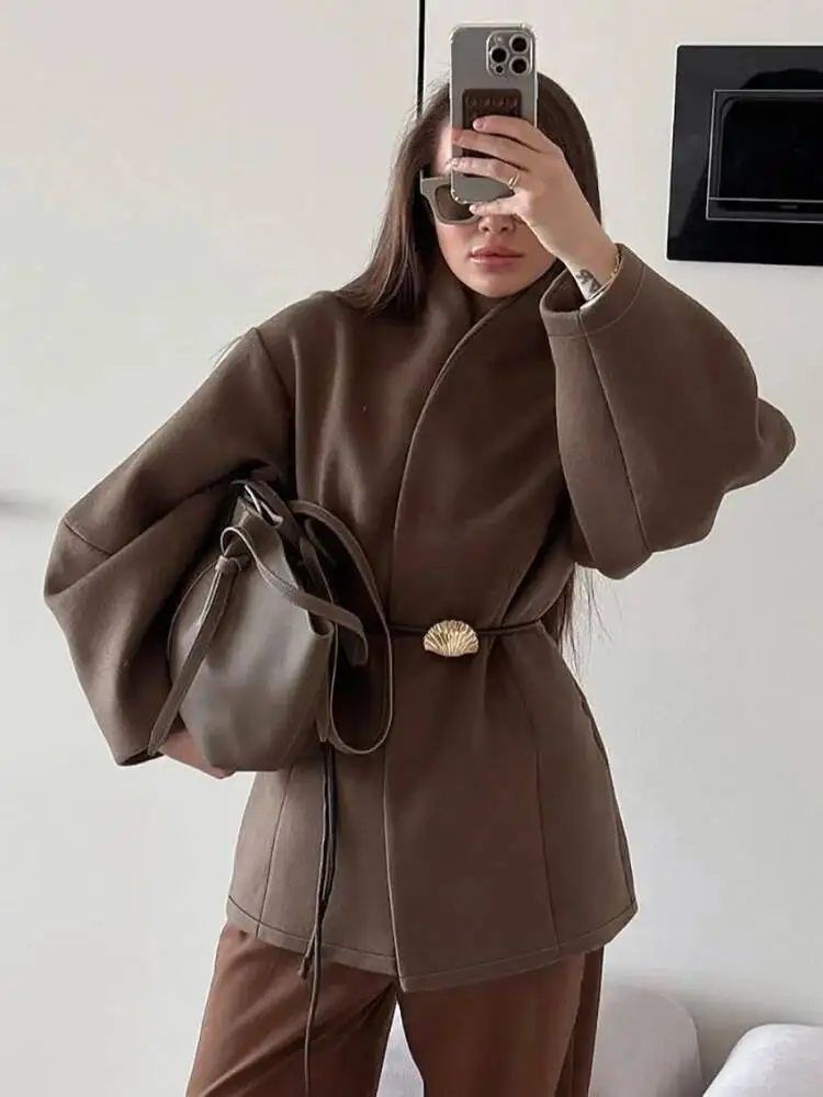 Chic Women's Solid Woolen Coat Elegant Full Sleeves Waist Tie Loose Outfit Fashionable Autumn Commuting Daily Lady Street Jacket