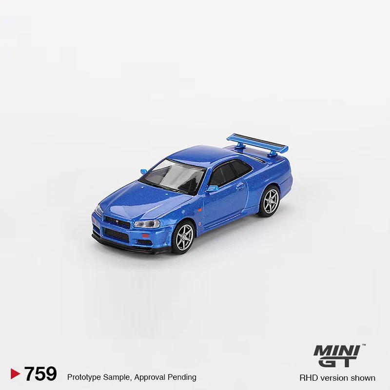 MINIGT 1:64 Jouet Modèle Voiture Skyline GT-R (R34) V-Spec Alliage Moulé Sous Pression Véhicule Bayside Bleu #759 Affichage Collection Cadeaux