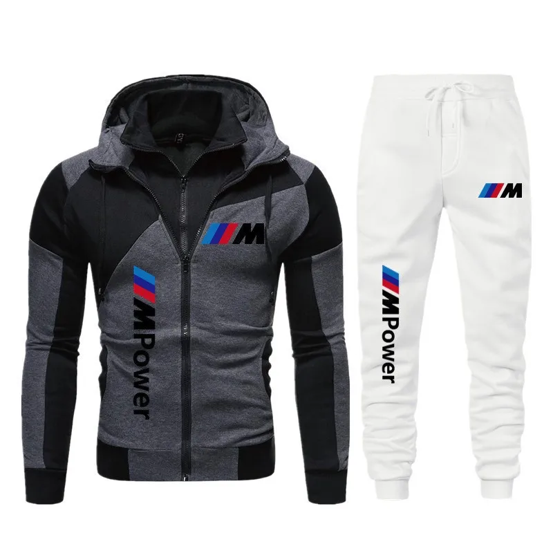 2025 New BMW Printed Simple Casual Hoodie Set Jacket With Double-Layer Zipper, Thickened Warm BMW Top Jacket, Drawstring Pants