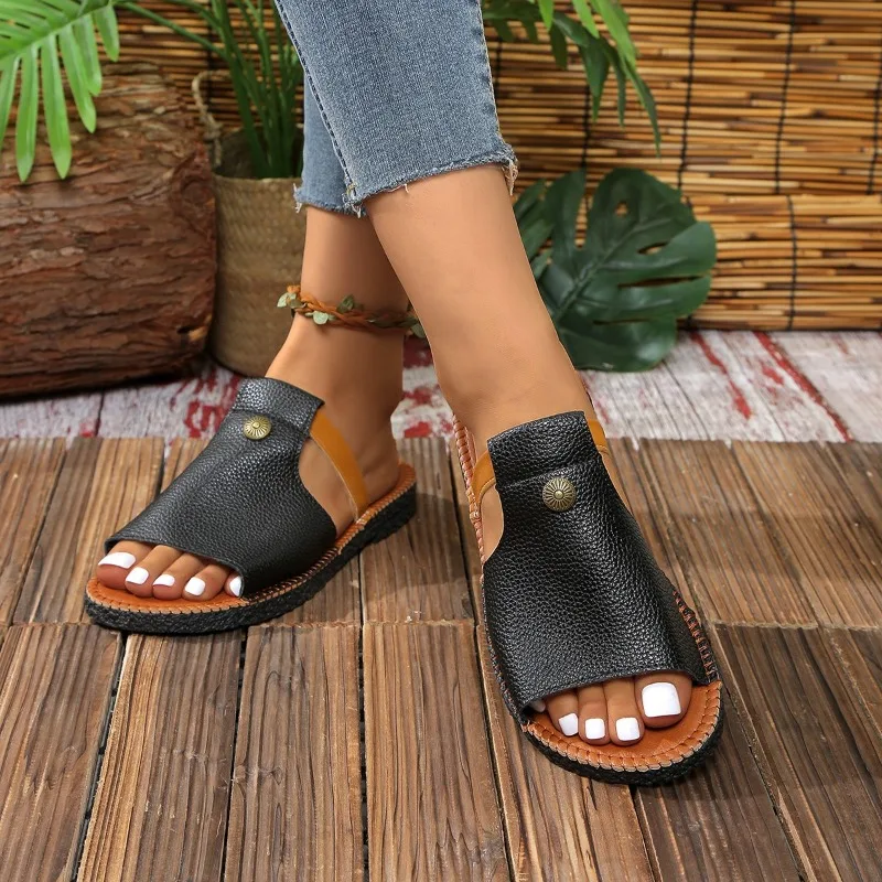 وصل حديثًا لصيف 2025 شباشب غير رسمية ذات لون سادة مفتوحة من الأمام مريحة مانعة للانزلاق صنادل نسائية بكعب منخفض Жеanskaya Оbuvai #2