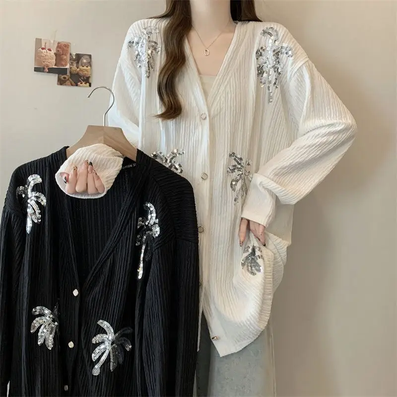 Ladies' Fashionable Embroidered Sequin Long Sleeve Loose Fit Cardigan Outerwear Autumn 2026 New Style Slimming Effect Top