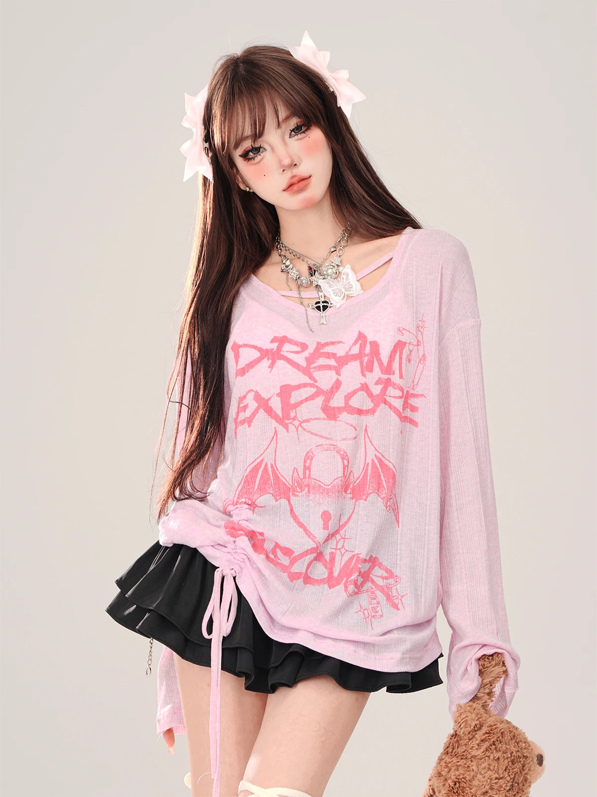 Hot Girl Streetwear Fashion White t-shirt a maniche lunghe donna estate New Elegant All-Match Pink Cute Top Student Y2k Tees Clothes