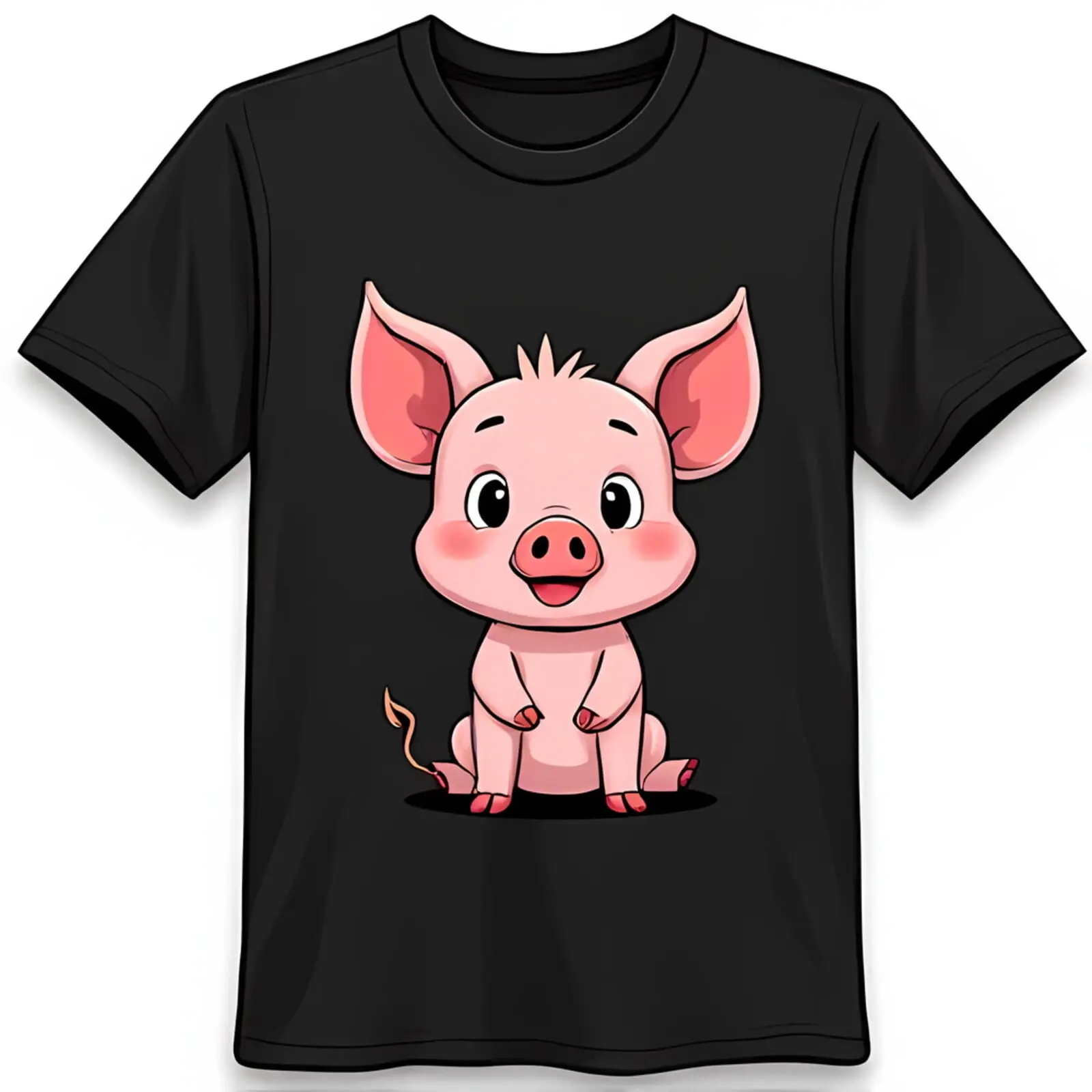 

Funny Cartoon Pig Graphic Black T-Shirt Cute with Happy Expression