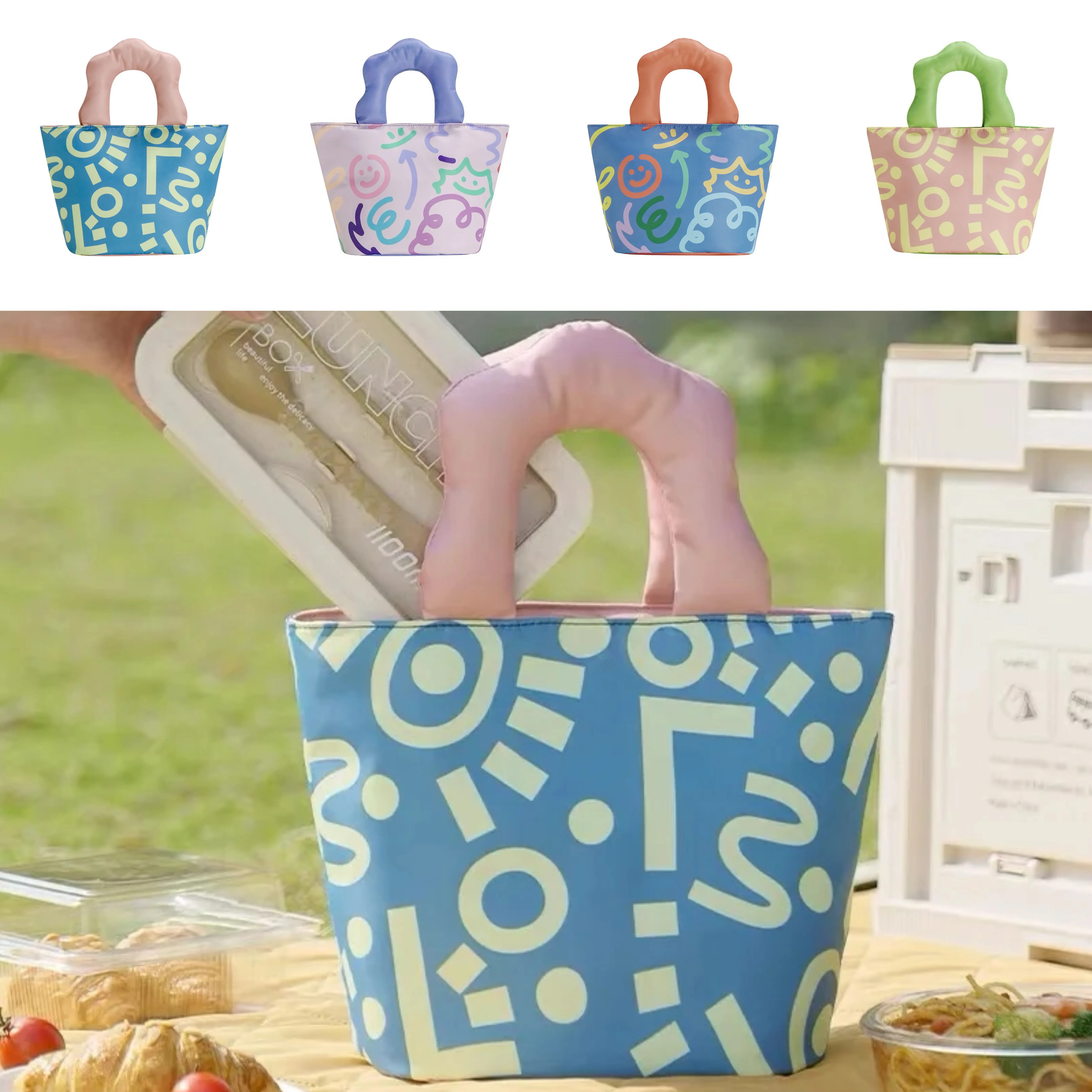 

Oxford Fabric Lunch Tote for Students and Office Doodle Meal Bag with Thermal Compartment Leakproof Lunch Box Carrier
