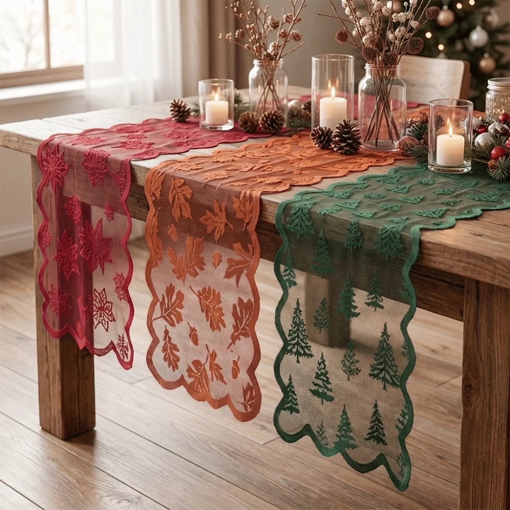 Maple Leaf Christmas Tree Table Runner Flower Lace Christmas Table Flag Desk Decor Long Xmas Tablecloth Christmas