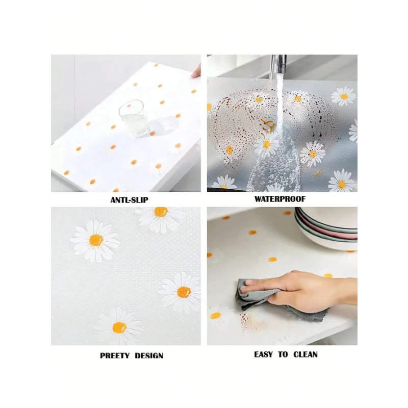 1 Roll Daisy Shelf Liner For Kitchen Cabinets EVA Waterproof Fridge Pad Cupboard Mat Easy Placemats Non-Adhesive Drawer Liner