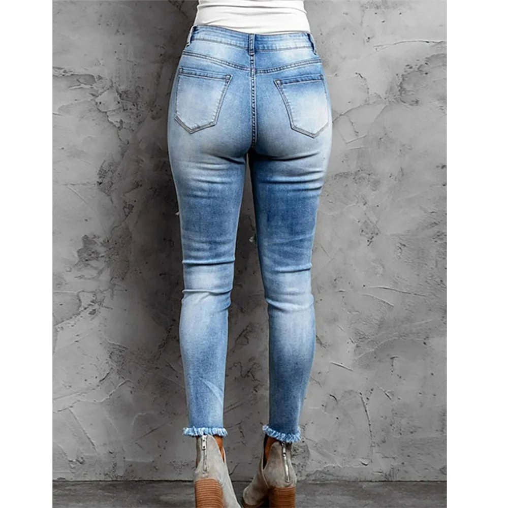 Pantalones vaqueros elásticos Retro para mujer, Vaqueros ajustados de cintura media, a la moda, Jeans rasgados para damas, informales, Otoño, 2022