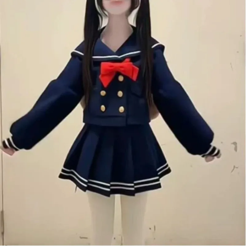 

Женский комплект из двух предметов в японском консервативном стиле Kawaii, шикарный темно-синий топ с бантом и воротником + мини-юбка с высокой талией, милая женская одежда 2025