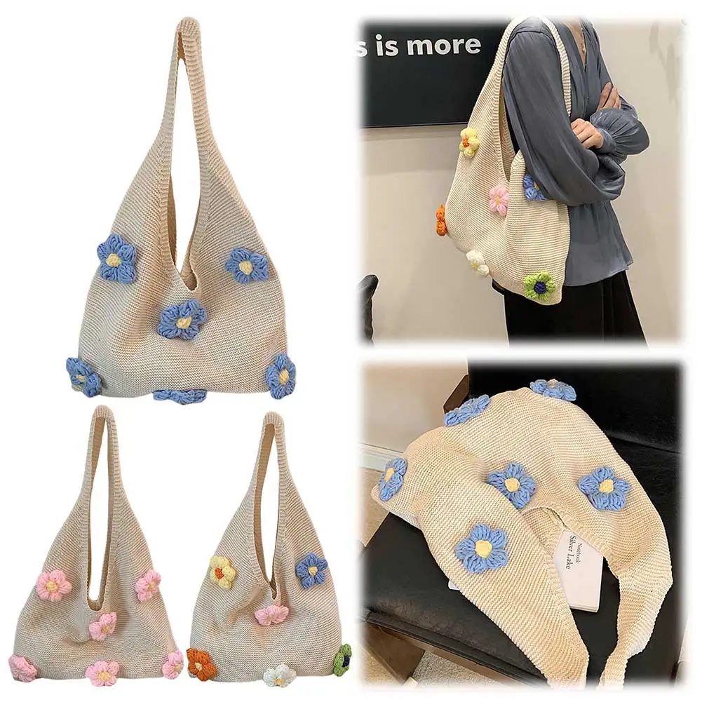 

Crochet Bag Knitted Flower Large Capacity Shoulder Bag Women Hobo Bag Armpit Bag for Beach Summer Shopping