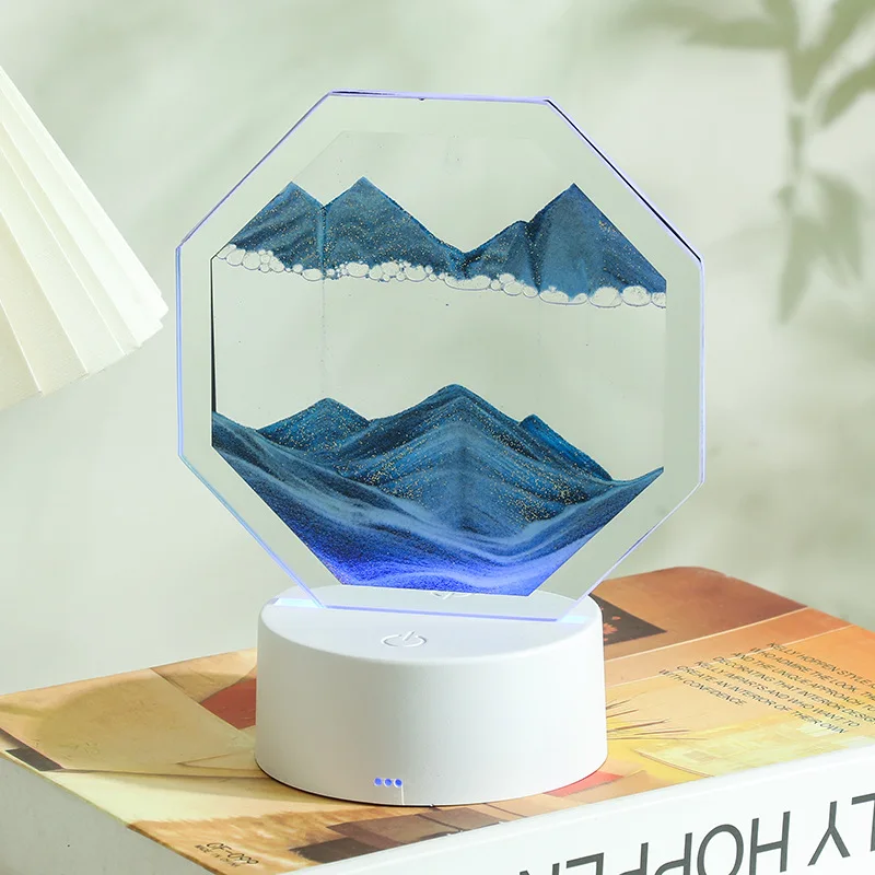 LED Moving Sand Art Table Lamp with 8 Color USB Quicksand Night Light 3D Sandscape Hourglass Bedside Lamps Home Decor Gift