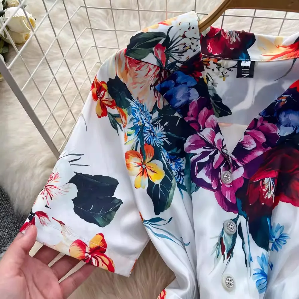 Summer Runway Holiday Flower Long Dresses Shirt Women's Turn Down Neck Short Sleeve Single Breasted Beach Party Vestidos