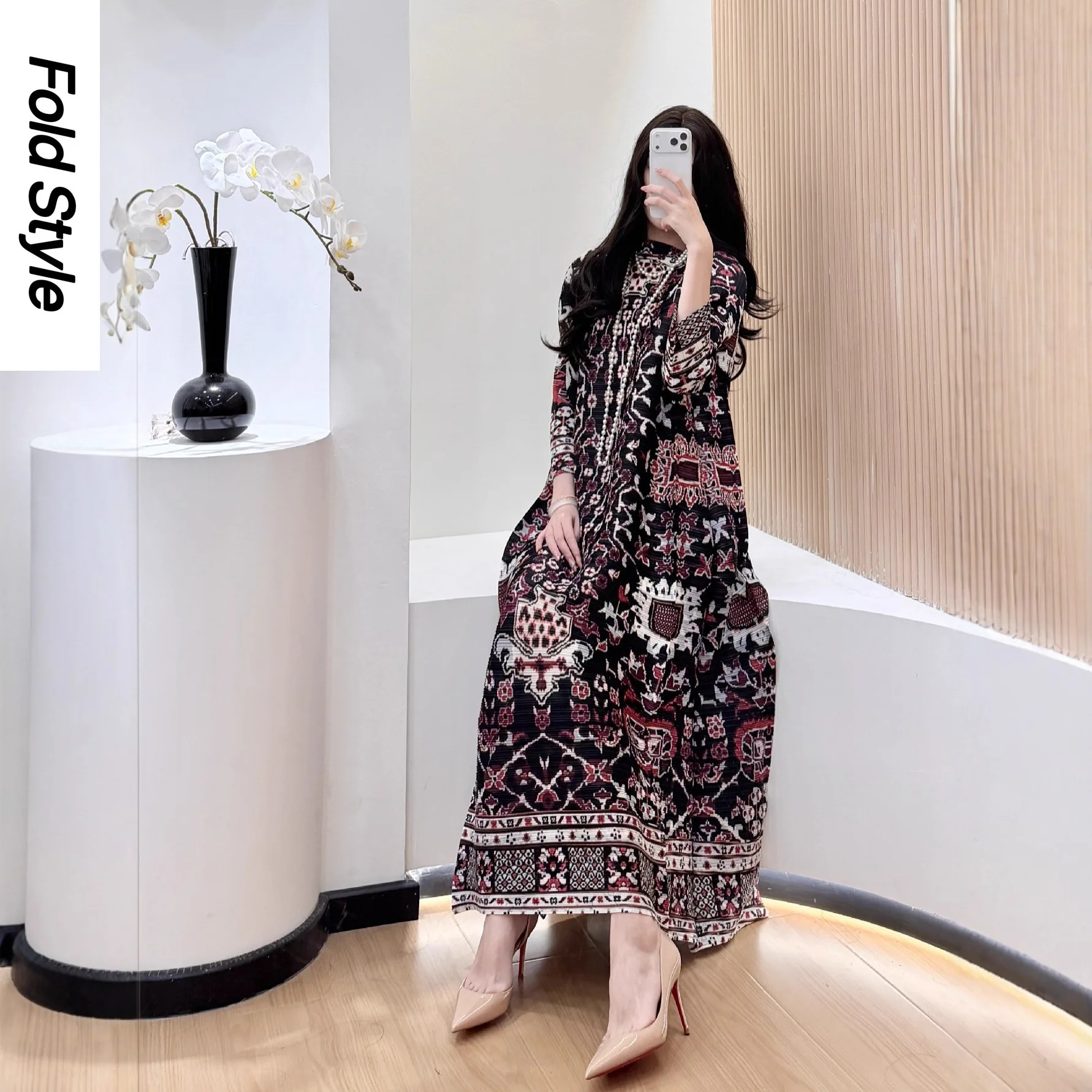 

Miyake плиссированное платье с принтом, осень 2021, новая женская одежда, свободное модное длинное элегантное платье