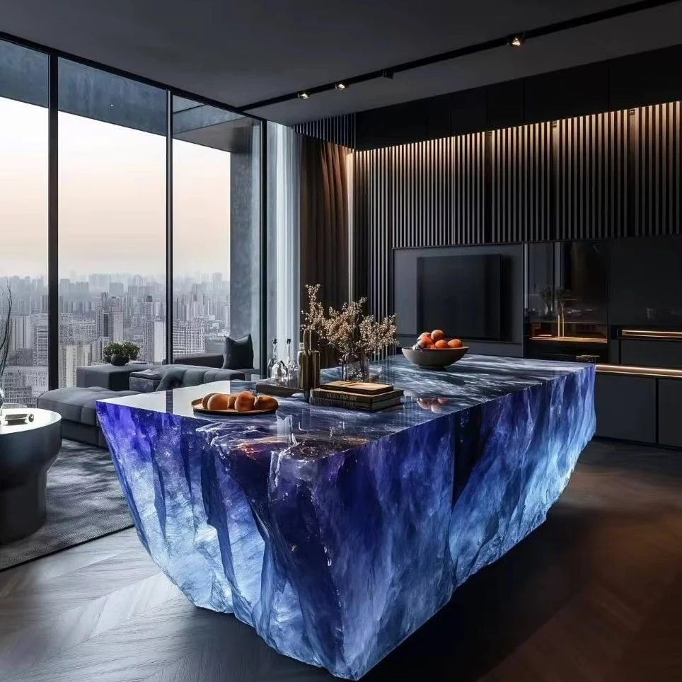 Residence Art Bar Counter Luminous Crystal Island Counter Transparent Resin Glacier Tea Table For Reception Desks Shop Furniture