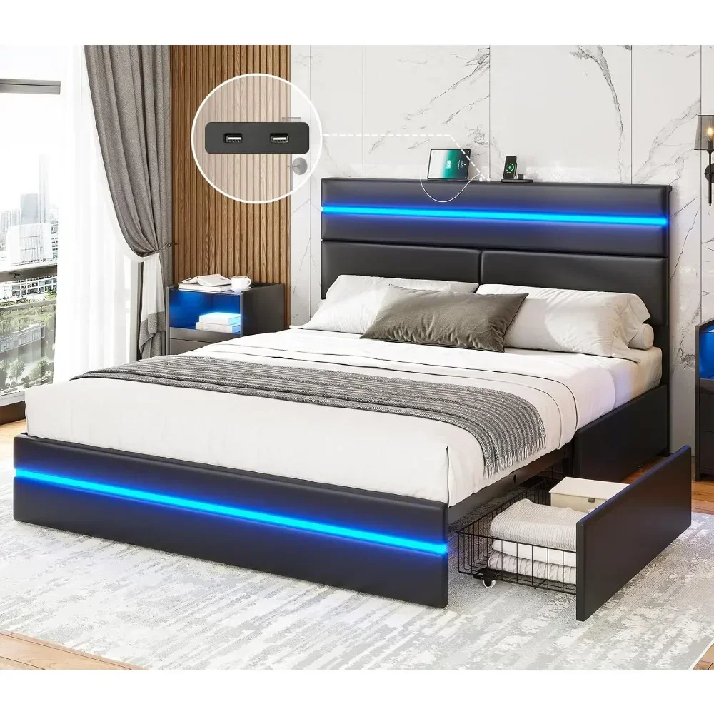 

Bed Frame, with Storage Drawers,Charging Station LED Lights, Stable Structure, No Box Spring Needed, Bed Frame